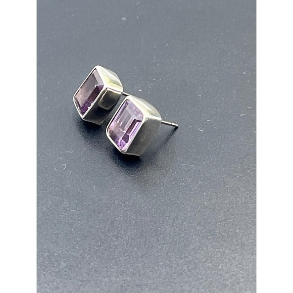 Lori Bonn Sterling Silver Rectangular Faceted Bezel Amethyst Stud Earrings